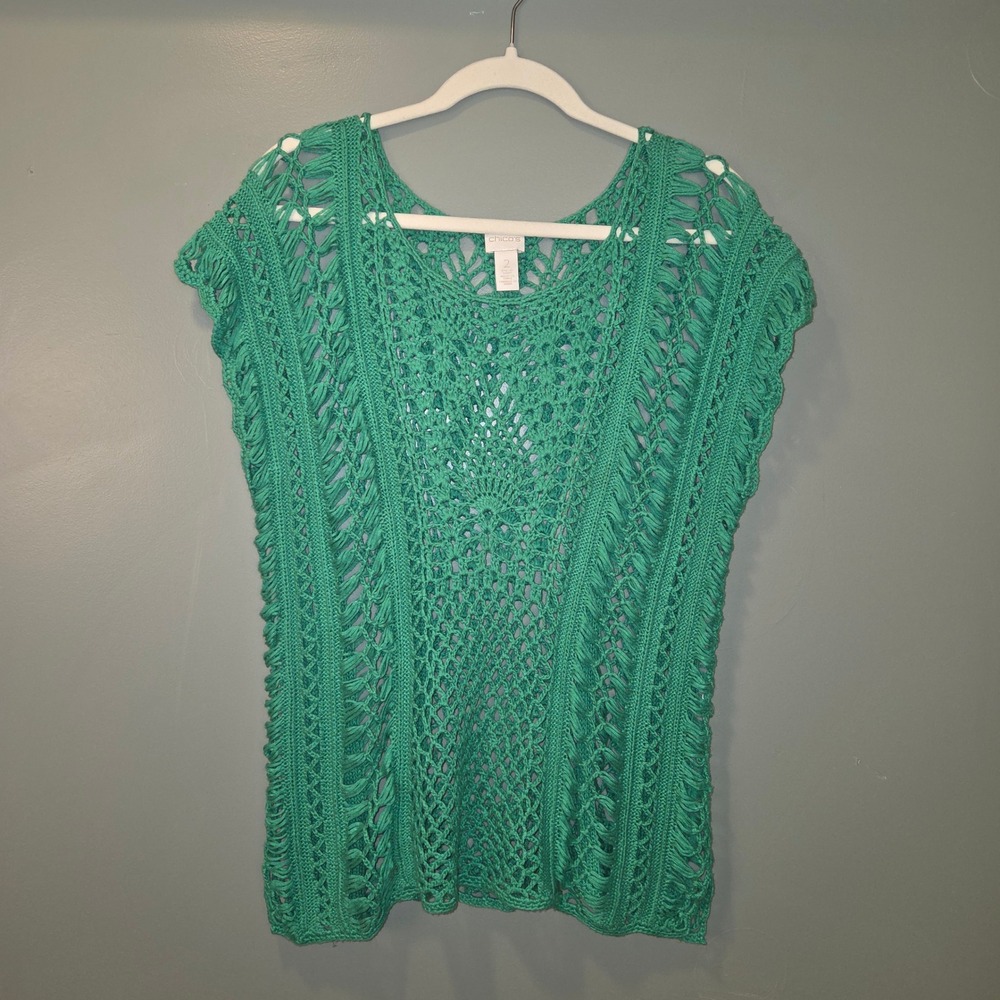 Crochet Open Knit Shirt Chico's Size 2 Women's L Green Boho Hippie Beach Cottage